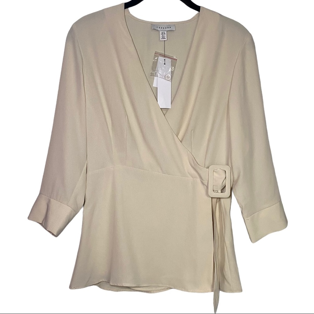 TOPSHOP Cream 3/4 Length Sleeve Buckle Wrap Blouse Size 6 NWT